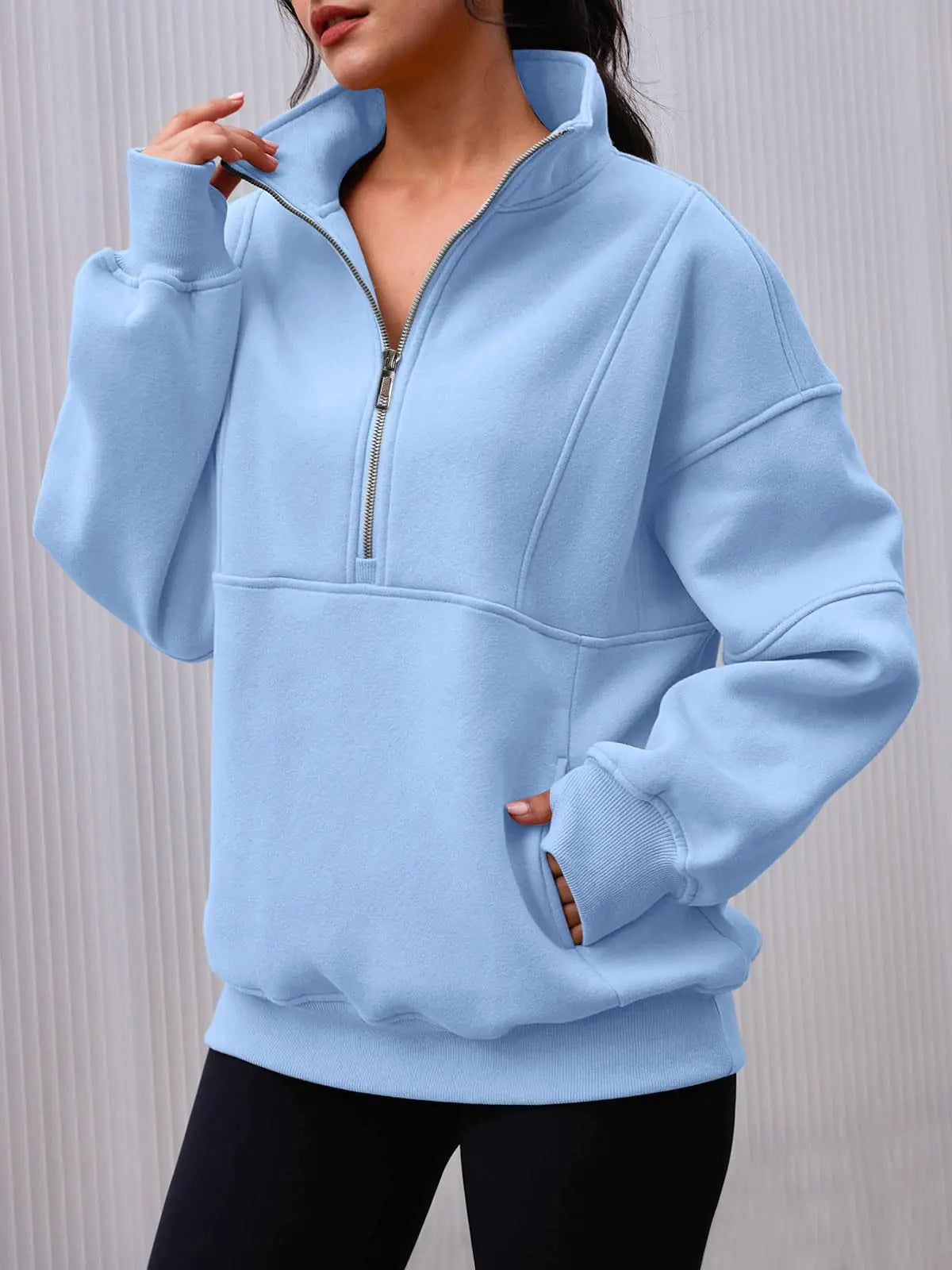 AUTOMET Women's Half Zip Oversized Sweatshirts Fleece Long Sleeve Hoodies Casual Sweaters with Pockerts Large Lightblue